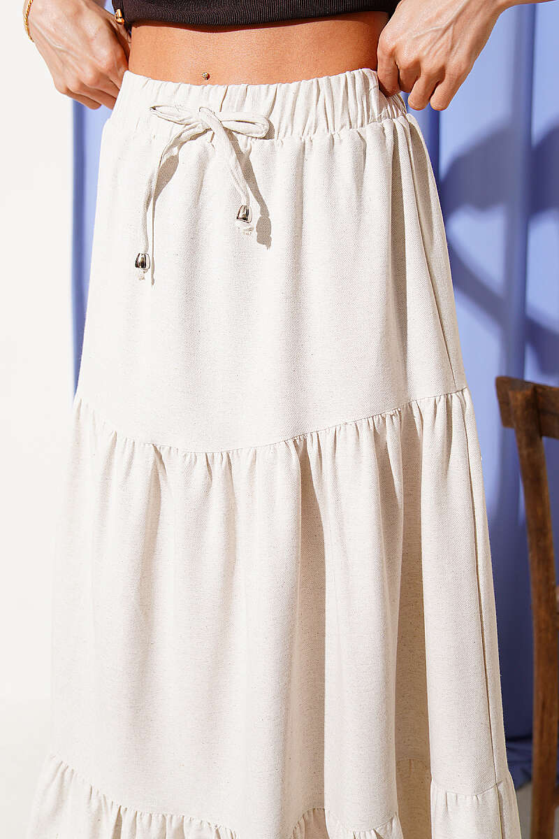 Tiered Linen-Look Skirt with Elastic Waist - Beige