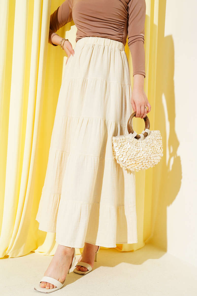 Tiered Flared Skirt with Elastic Waist - Beige