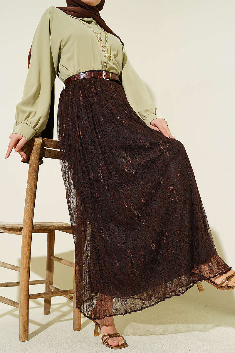 Belted Lace Skirt with Elastic Waist - Brown