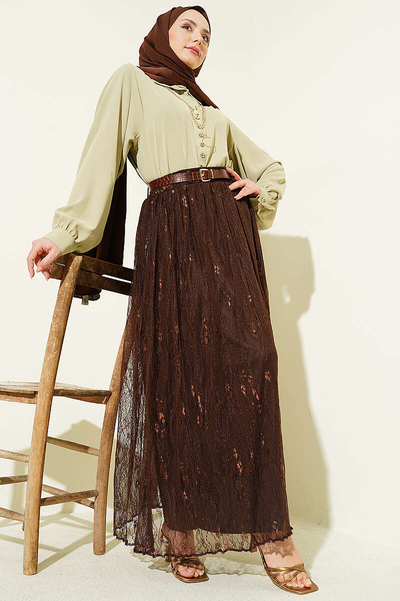 Belted Lace Skirt with Elastic Waist - Brown