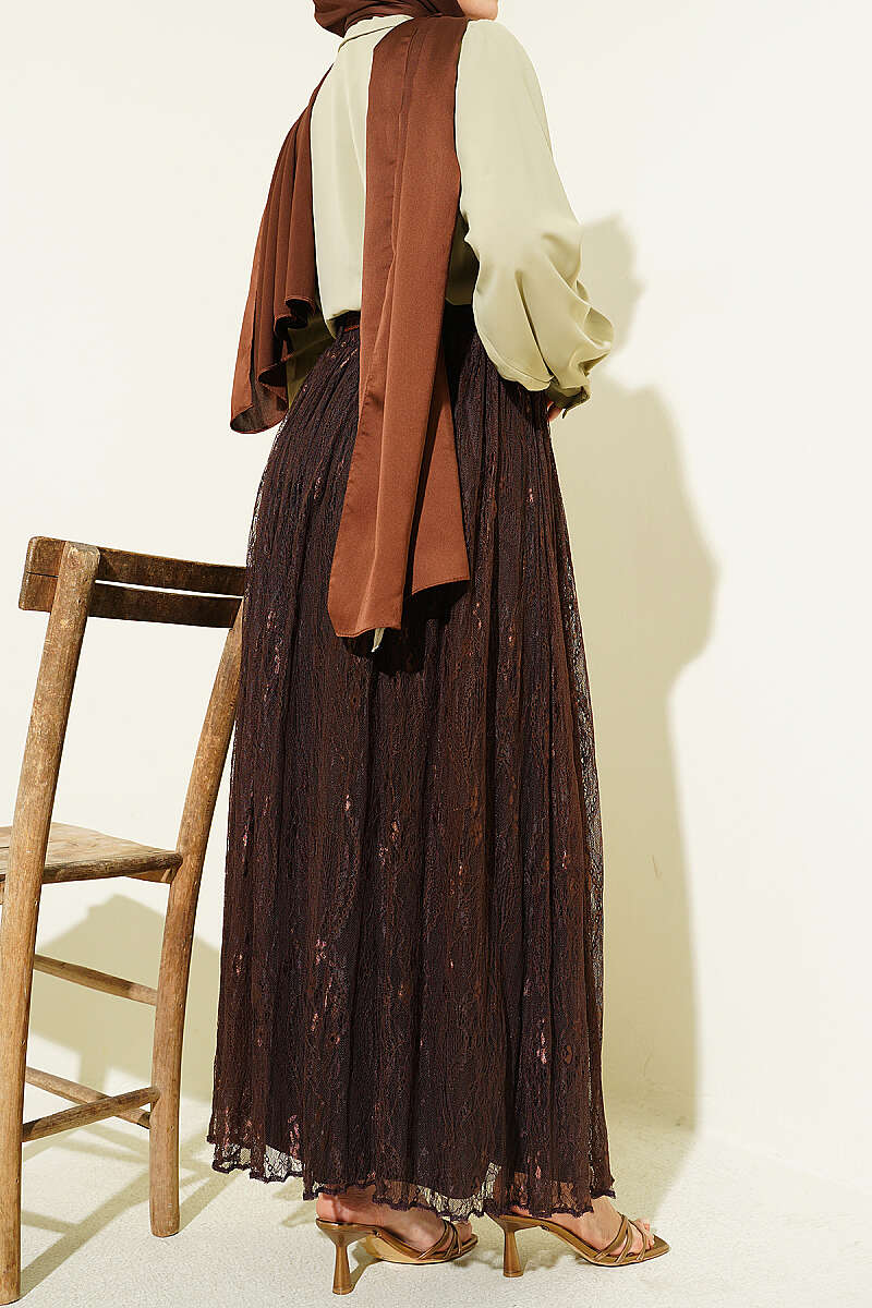 Belted Lace Skirt with Elastic Waist - Brown