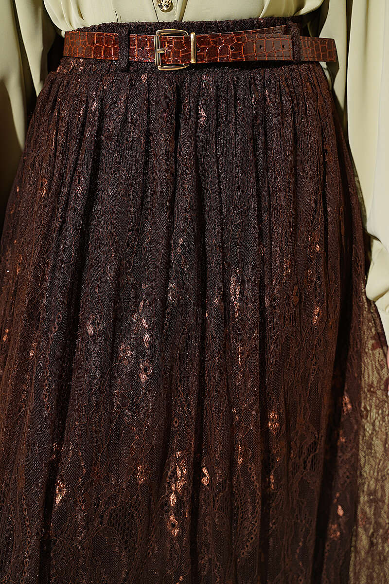 Belted Lace Skirt with Elastic Waist - Brown