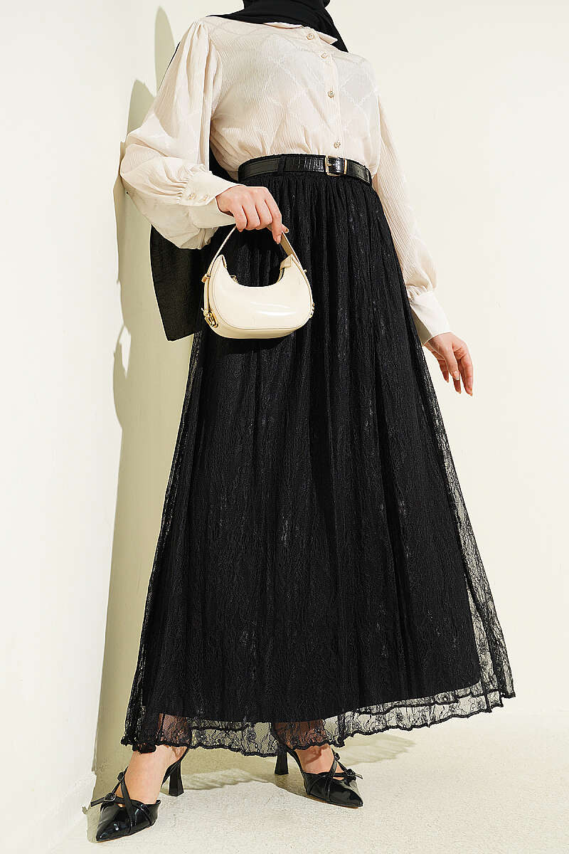 Belted Lace Skirt with Elastic Waist - Black