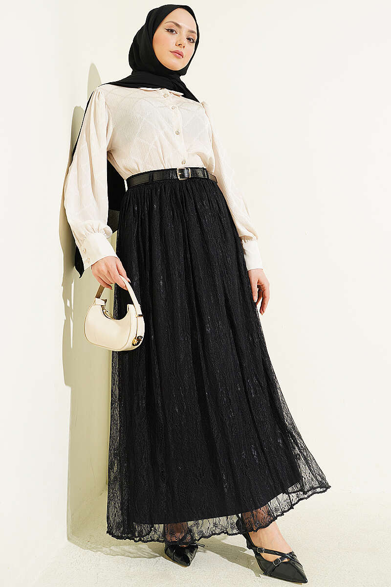 Belted Lace Skirt with Elastic Waist - Black