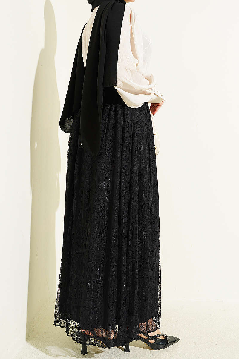 Belted Lace Skirt with Elastic Waist - Black