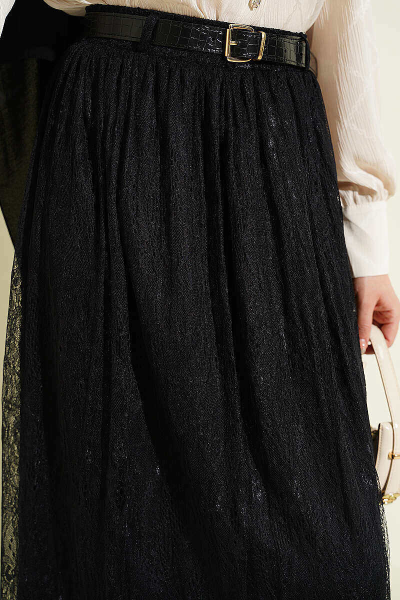Belted Lace Skirt with Elastic Waist - Black