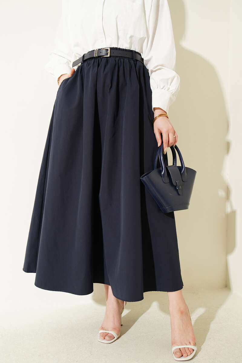 Belted Poplin Skirt with Elastic Waist - Navy