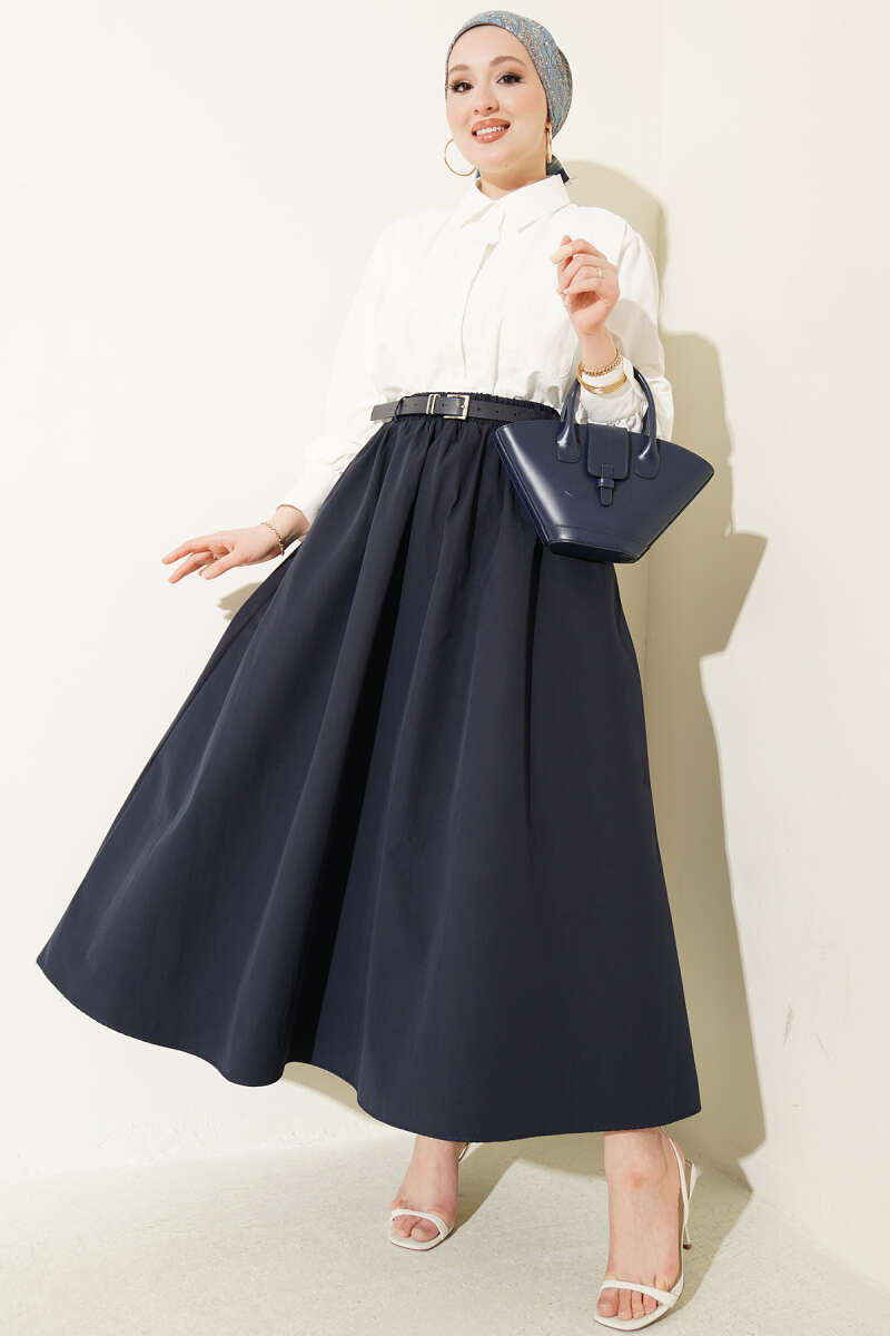 Belted Poplin Skirt with Elastic Waist - Navy