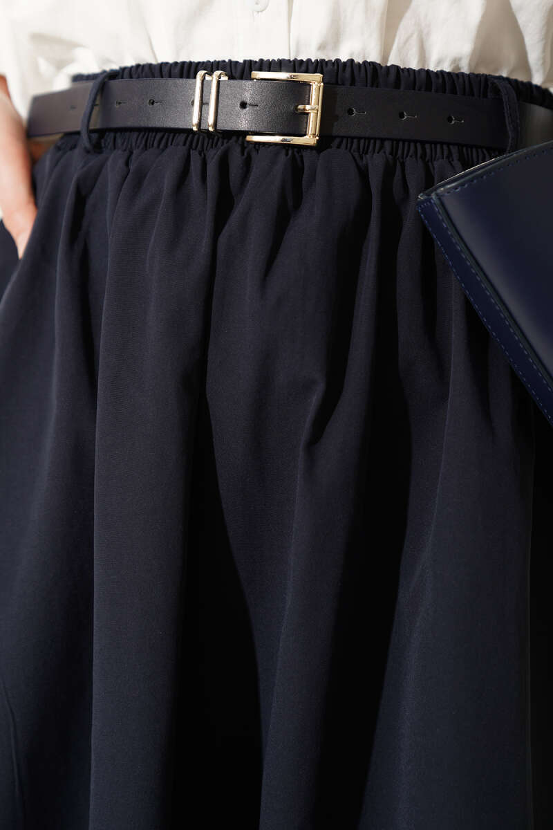 Belted Poplin Skirt with Elastic Waist - Navy