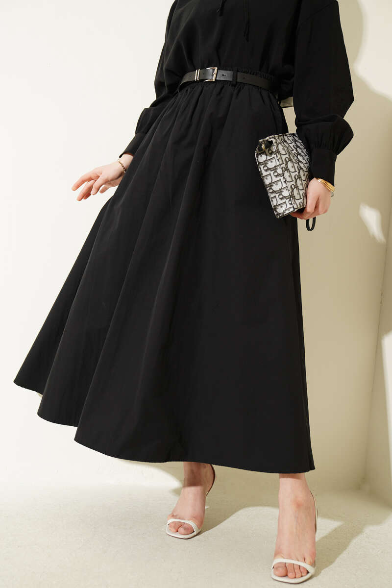Belted Poplin Skirt with Elastic Waist - Black