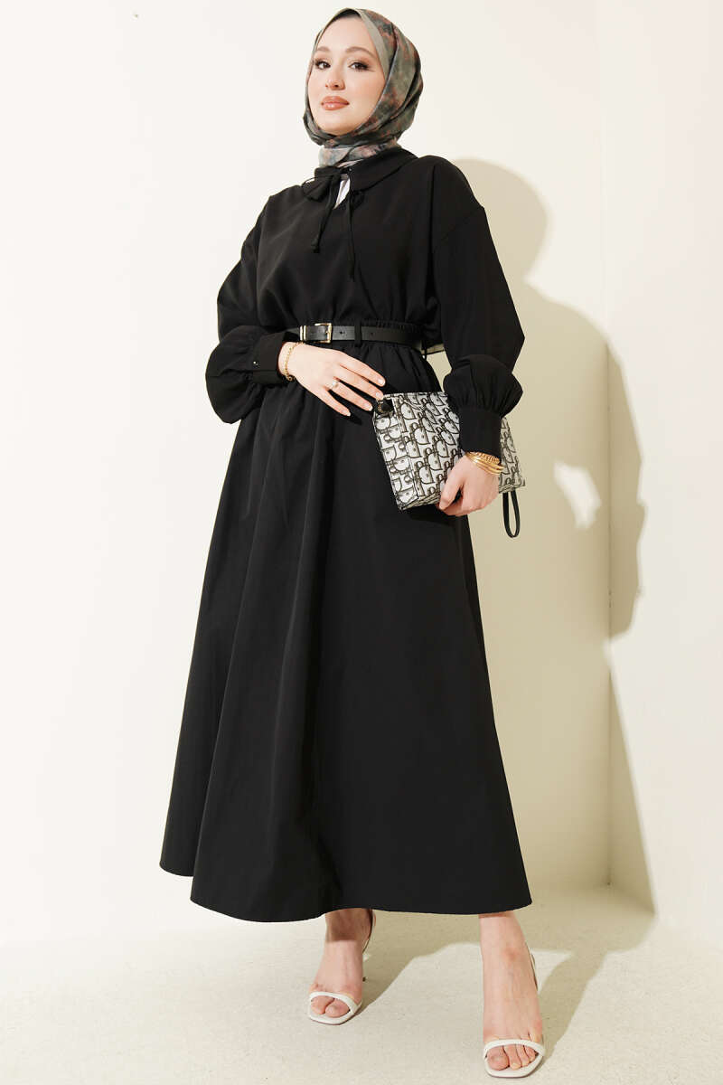 Belted Poplin Skirt with Elastic Waist - Black