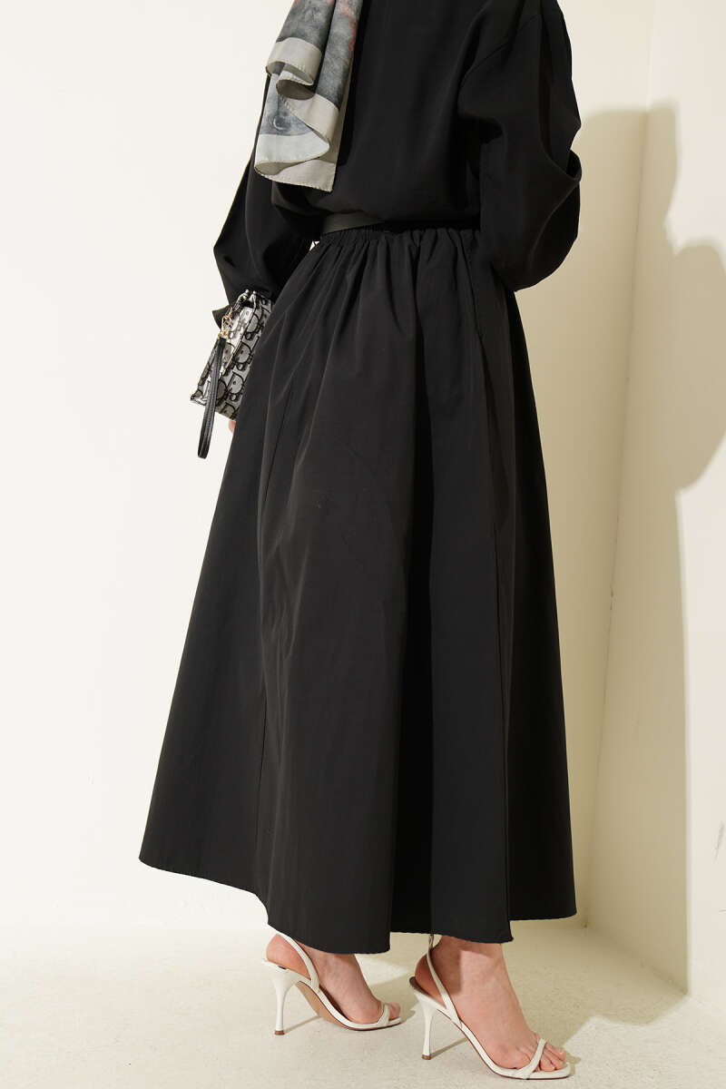 Belted Poplin Skirt with Elastic Waist - Black