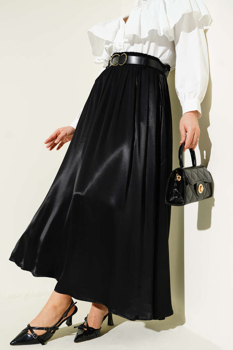 Belted Satin Skirt with Elastic Waist - Black