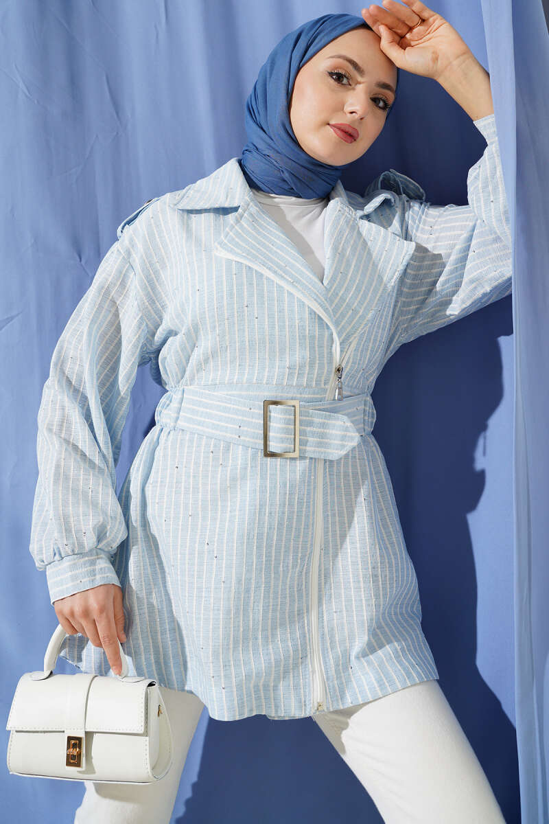 Jacket with Self Belt and Elastic Waist - Blue