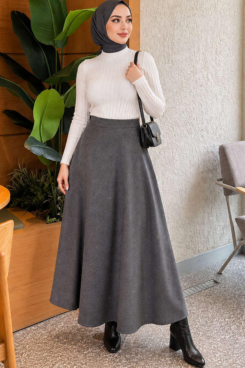 Flared Felt Skirt with Elastic Waist - Smoke Grey