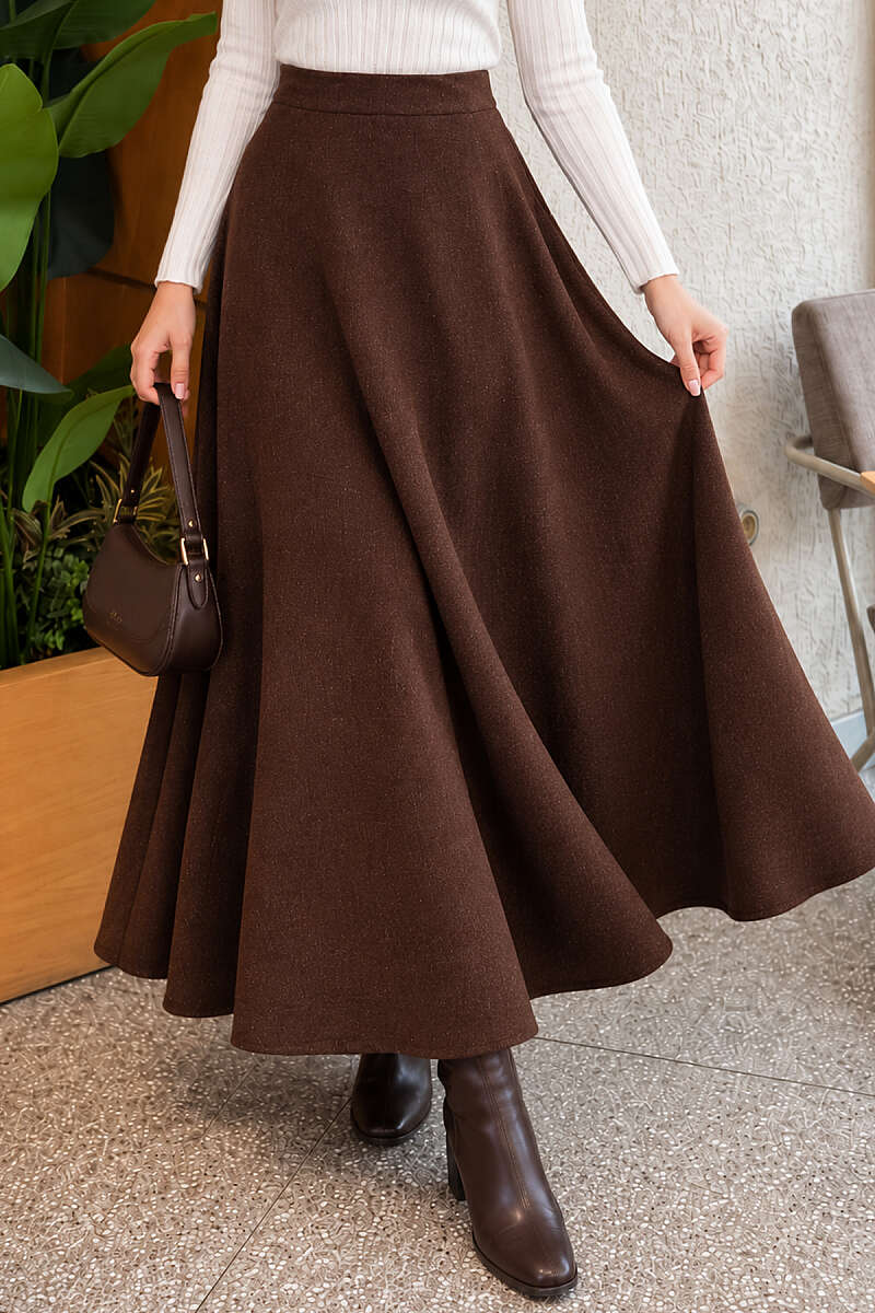 Flared Felt Skirt with Elastic Waist - Brown