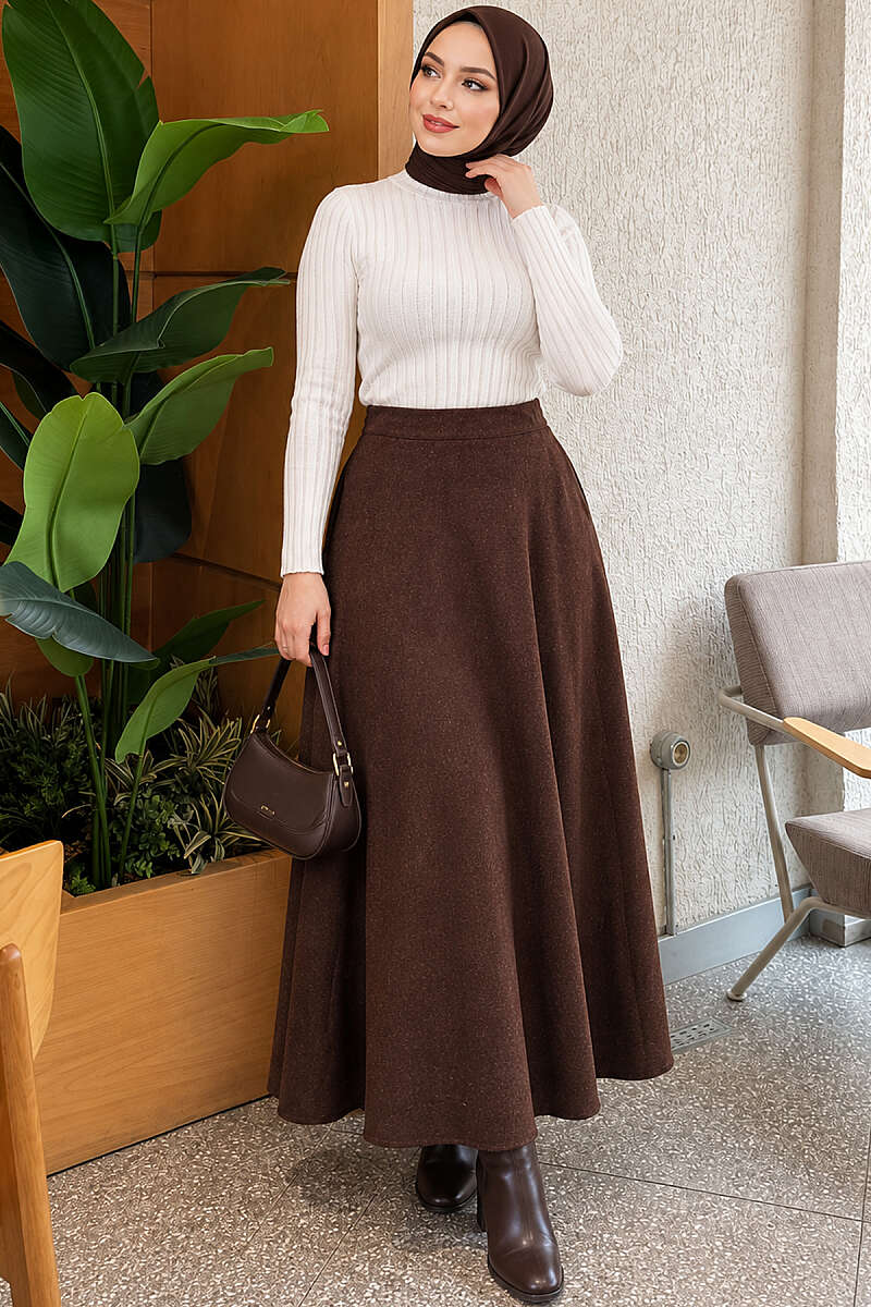 Flared Felt Skirt with Elastic Waist - Brown
