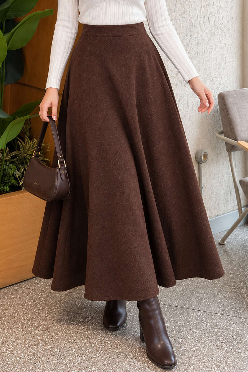 Flared Felt Skirt with Elastic Waist - Brown