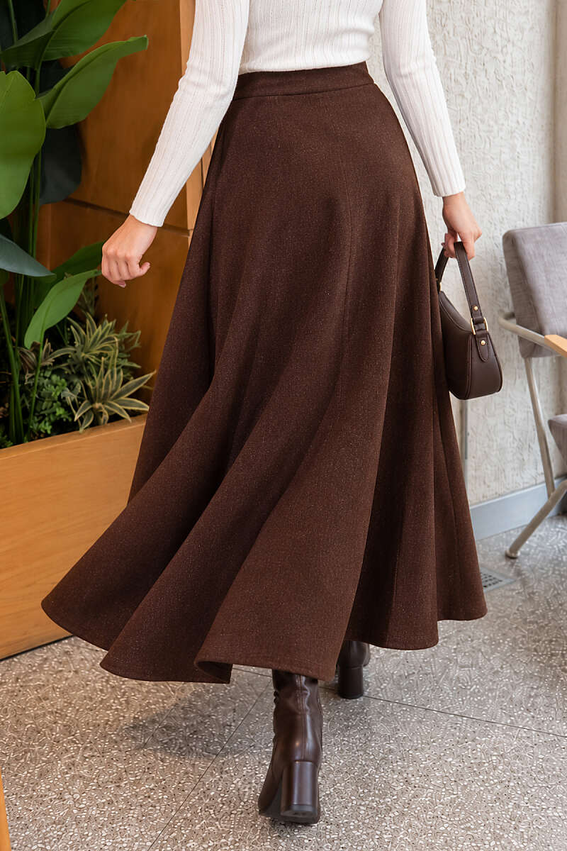 Flared Felt Skirt with Elastic Waist - Brown