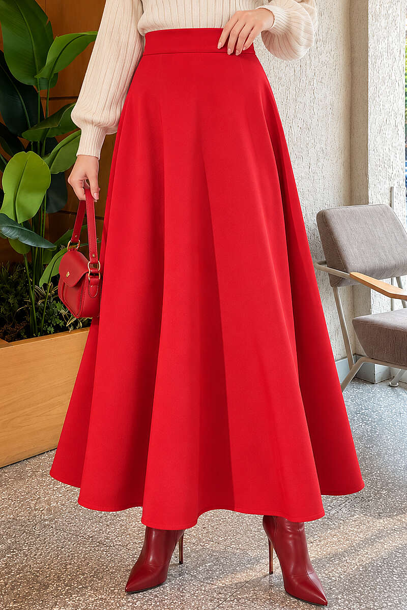 Flared Felt Skirt with Elastic Waist - Red