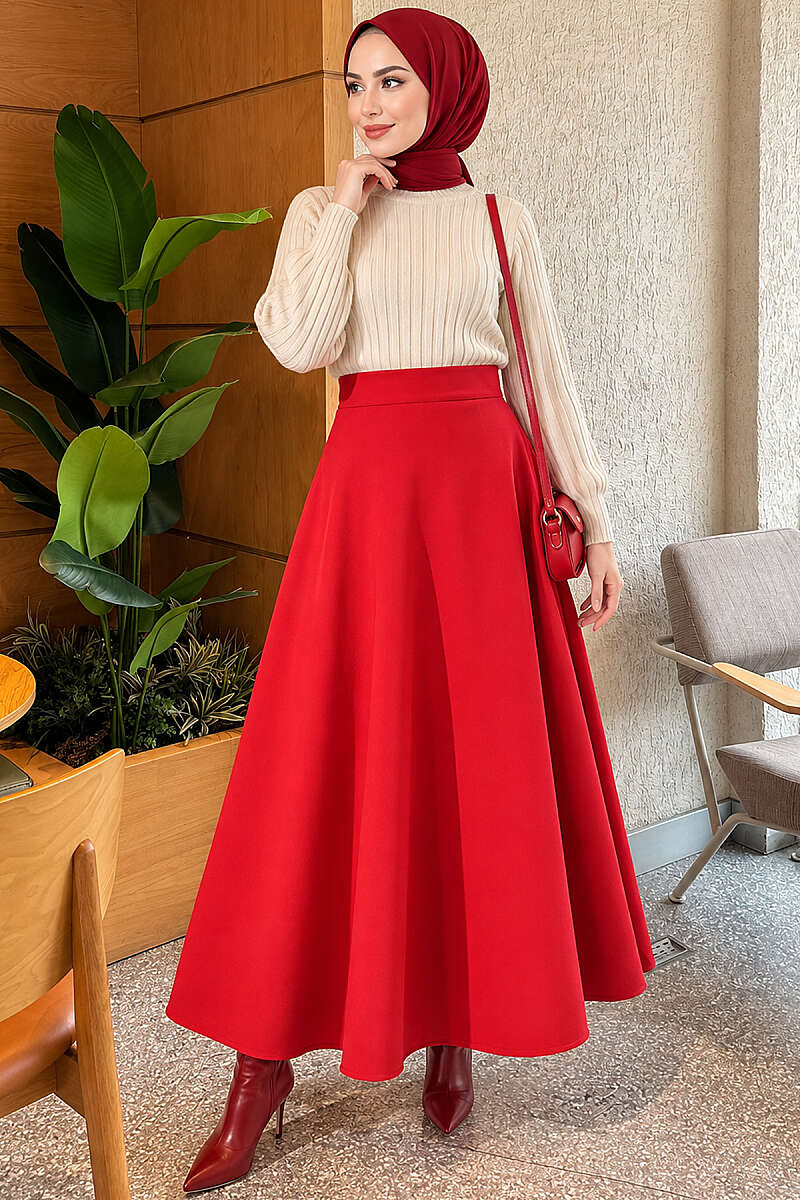 Flared Felt Skirt with Elastic Waist - Red