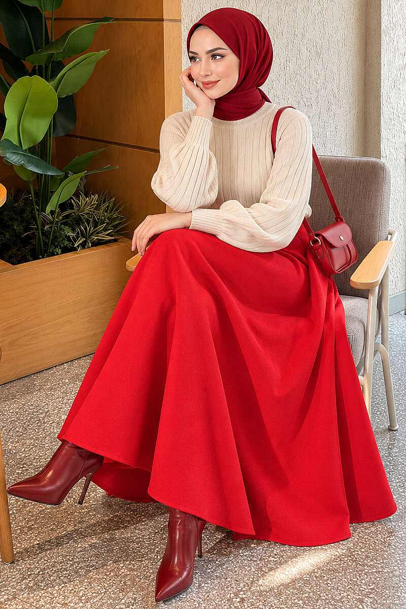 Flared Felt Skirt with Elastic Waist - Red