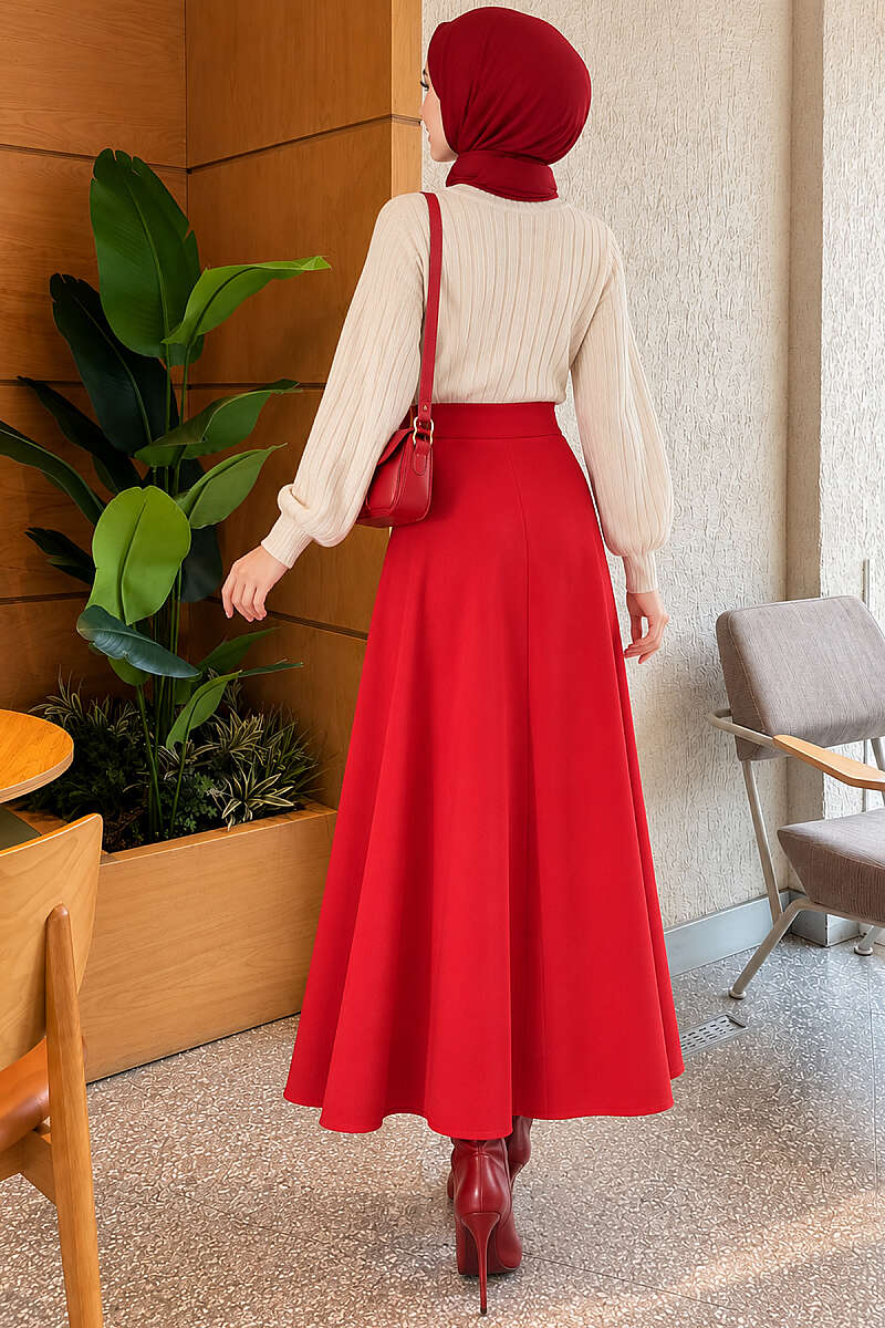Flared Felt Skirt with Elastic Waist - Red
