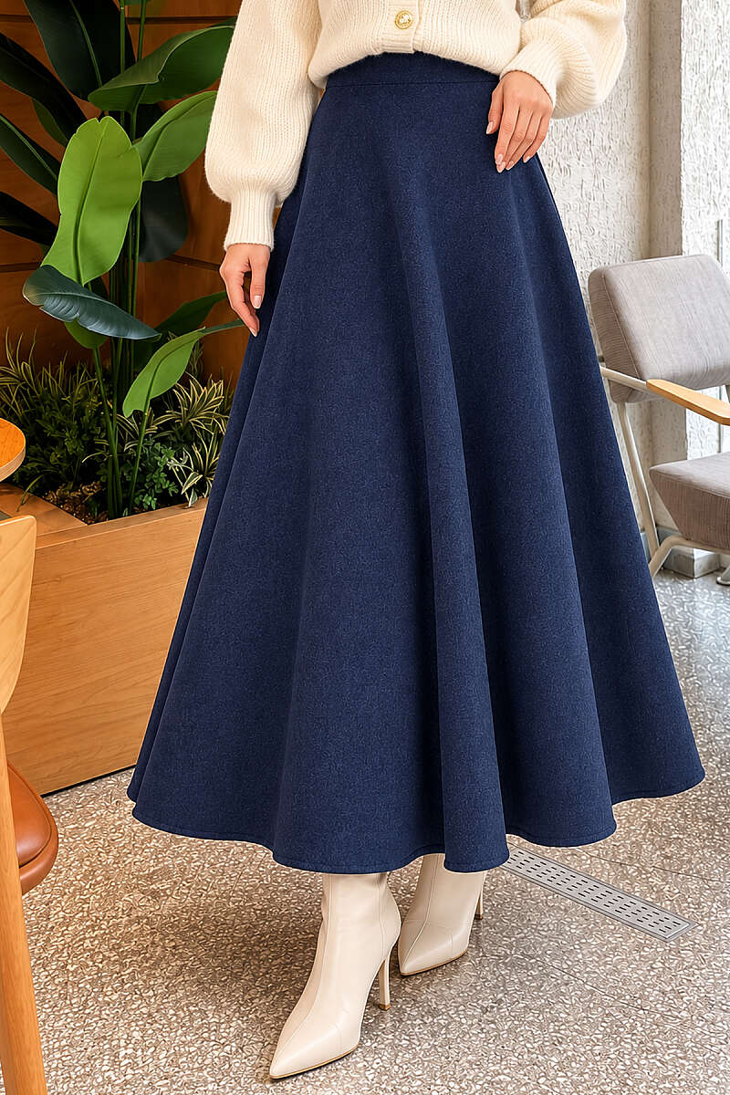 Flared Felt Skirt with Elastic Waist - Navy