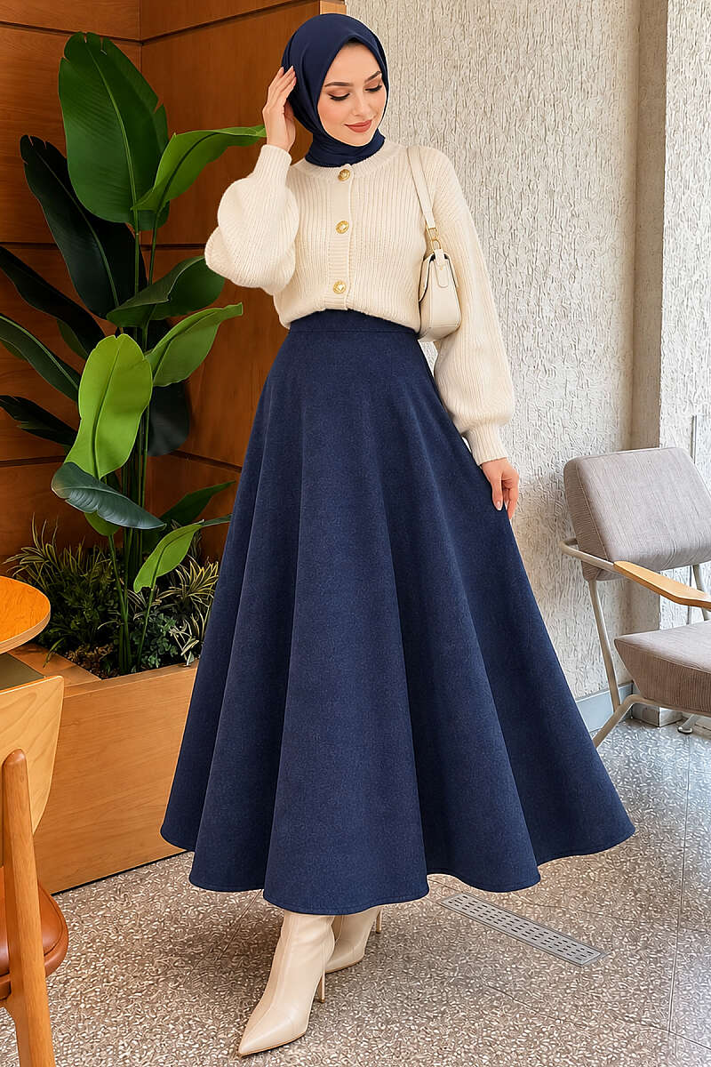 Flared Felt Skirt with Elastic Waist - Navy