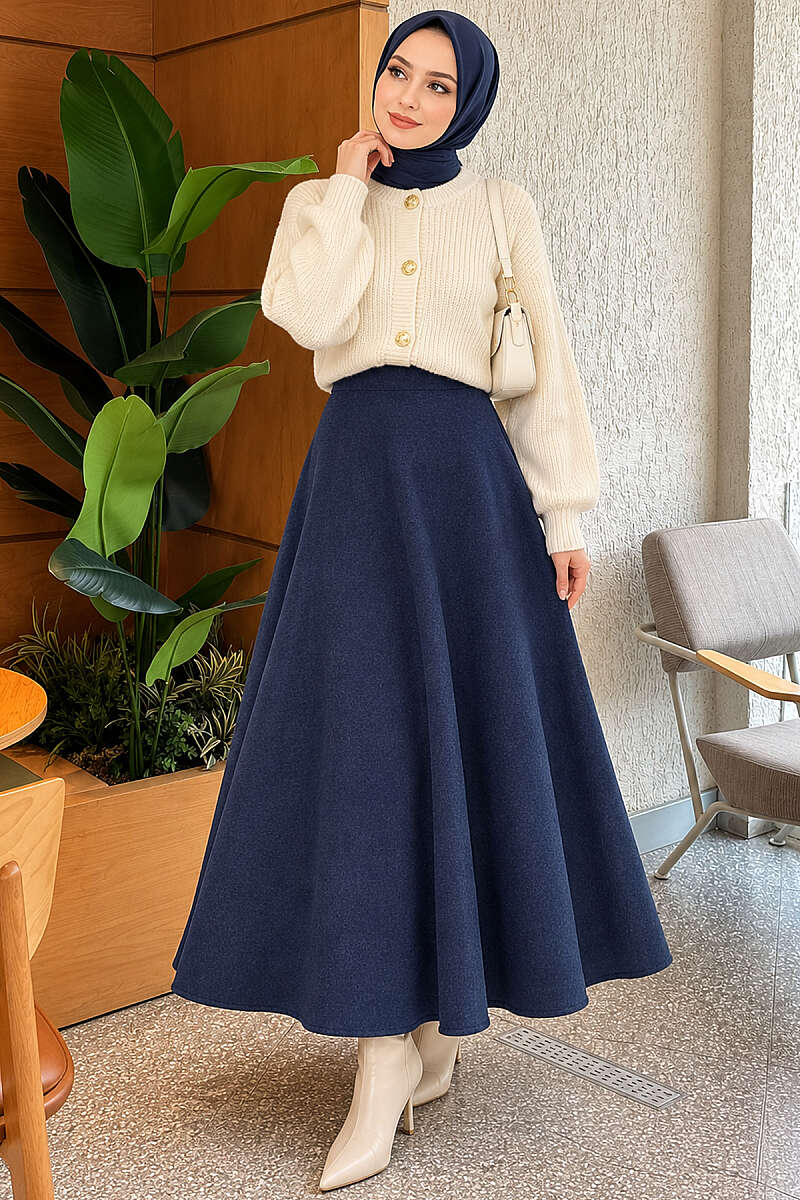 Flared Felt Skirt with Elastic Waist - Navy