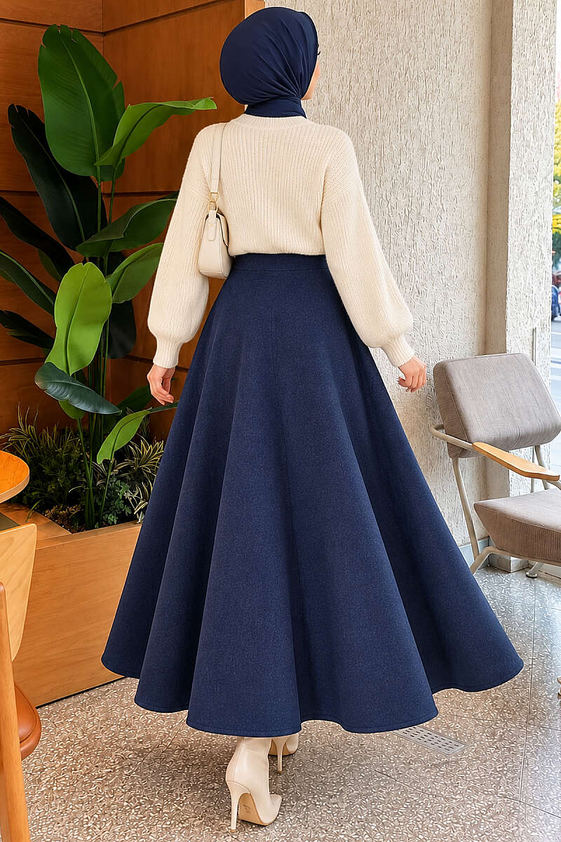 Flared Felt Skirt with Elastic Waist - Navy