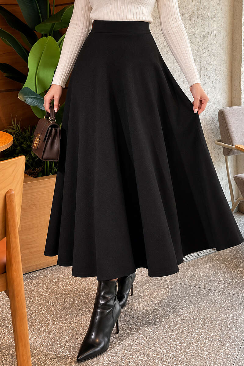 Flared Felt Skirt with Elastic Waist - Black