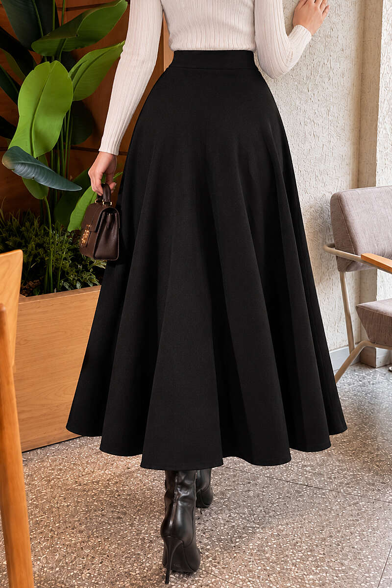 Flared Felt Skirt with Elastic Waist - Black