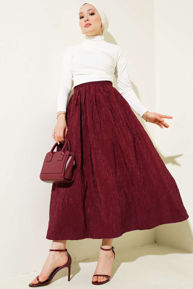 Crinkle Skirt with Pockets and Elastic Waist - Burgundy
