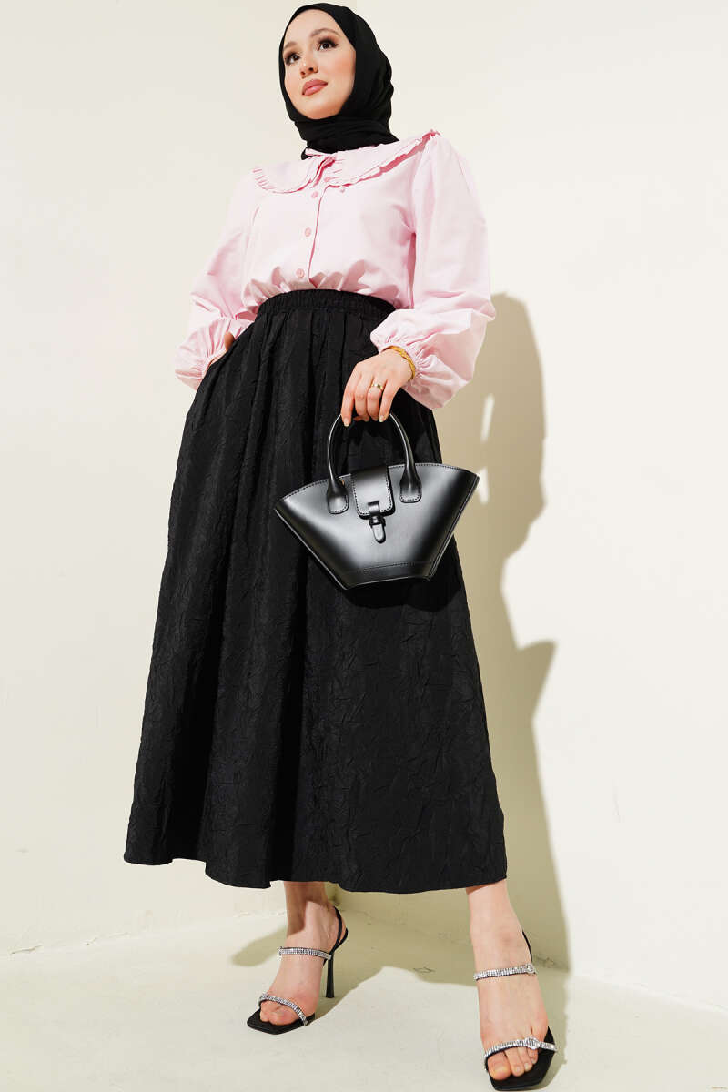Crinkle Skirt with Pockets and Elastic Waist - Black
