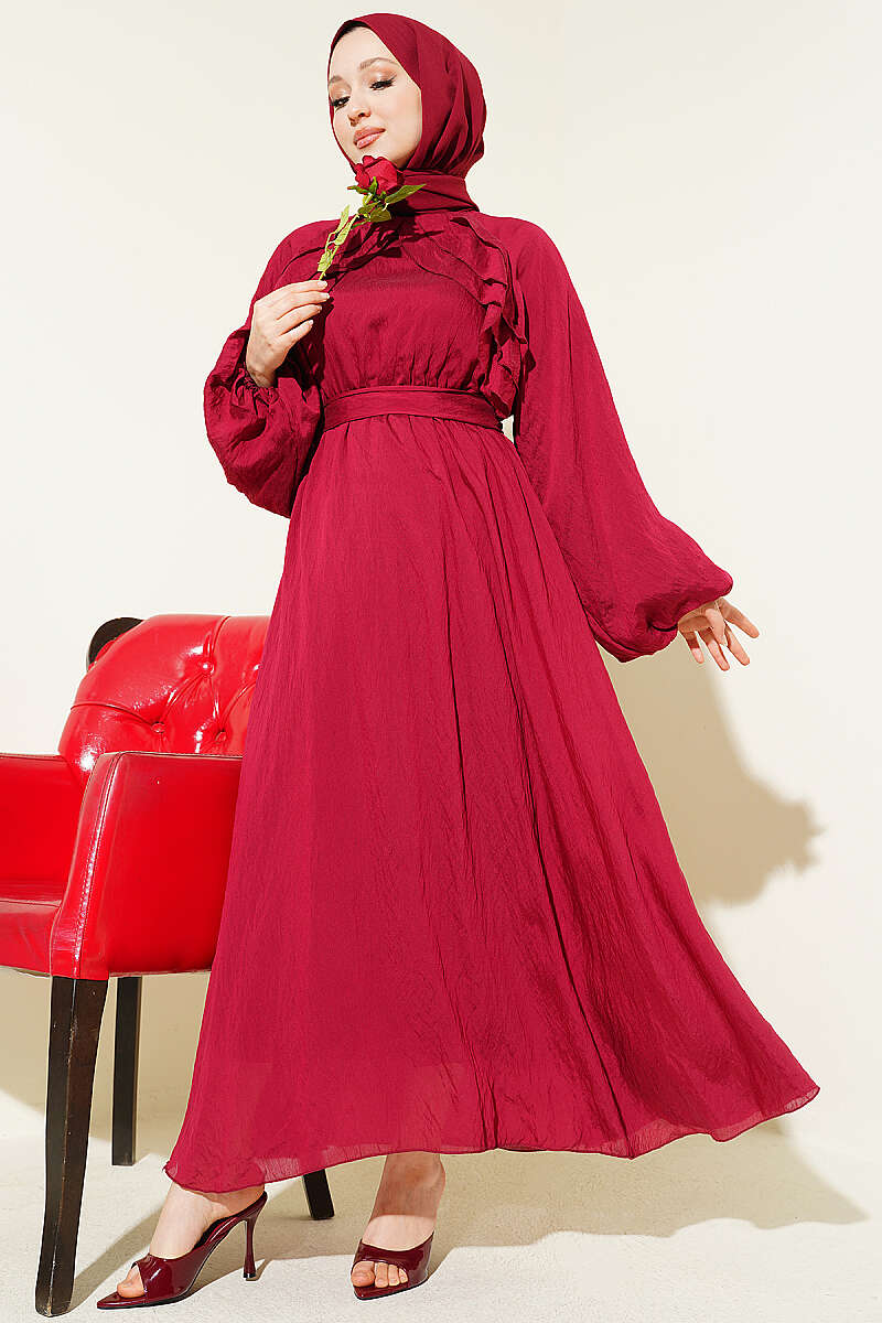 Belted Ruffle Dress with Elastic Waist - Burgundy