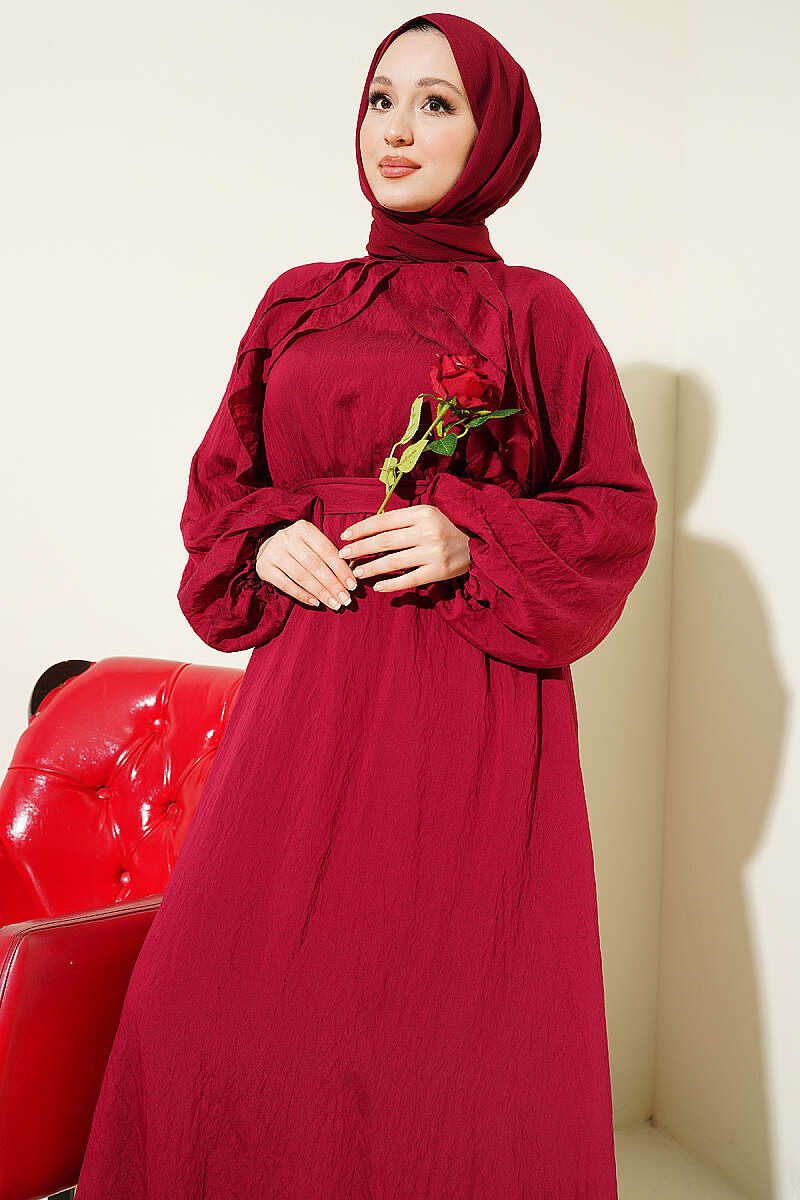 Belted Ruffle Dress with Elastic Waist - Burgundy