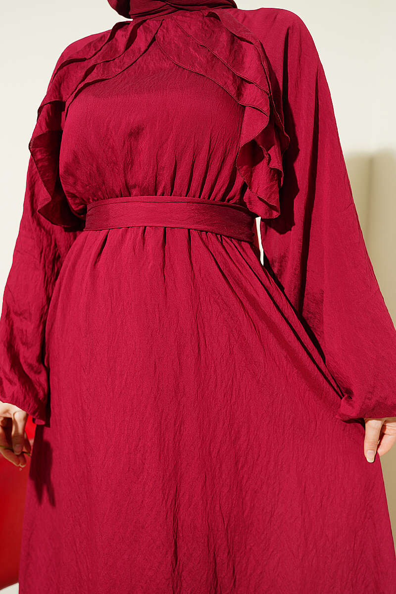 Belted Ruffle Dress with Elastic Waist - Burgundy