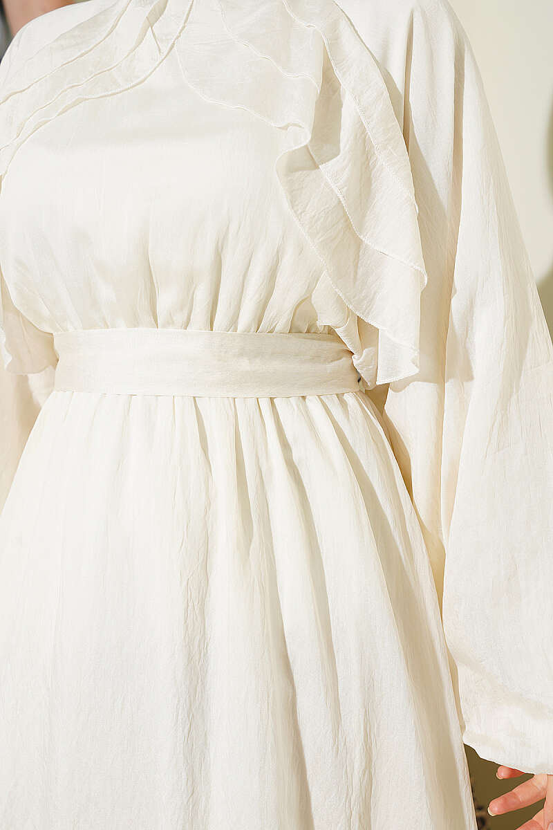Belted Ruffle Dress with Elastic Waist - Ecru