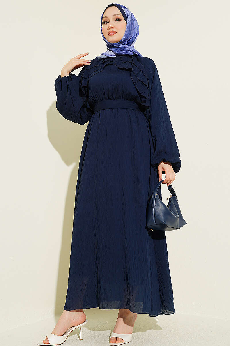 Belted Ruffle Dress with Elastic Waist - Navy