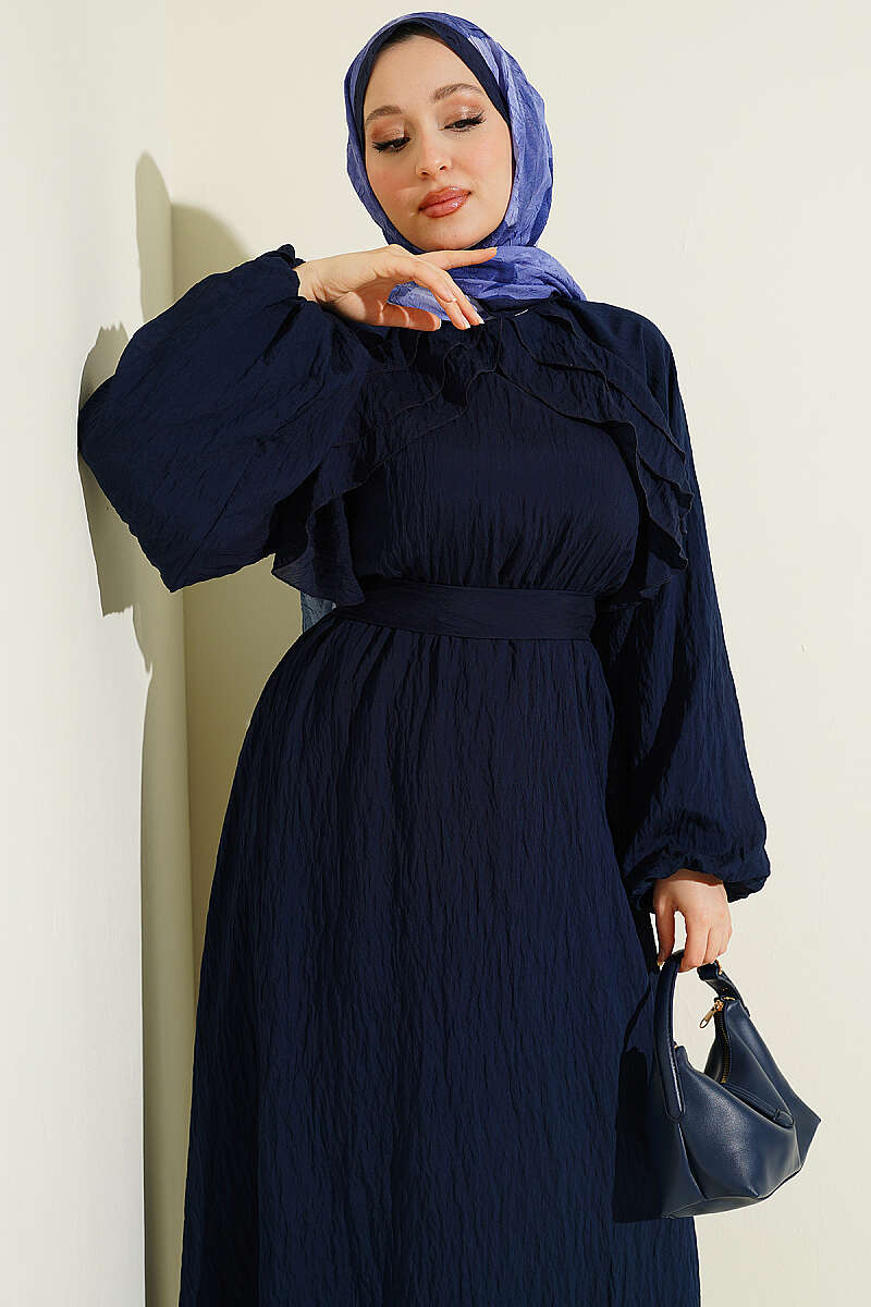 Belted Ruffle Dress with Elastic Waist - Navy