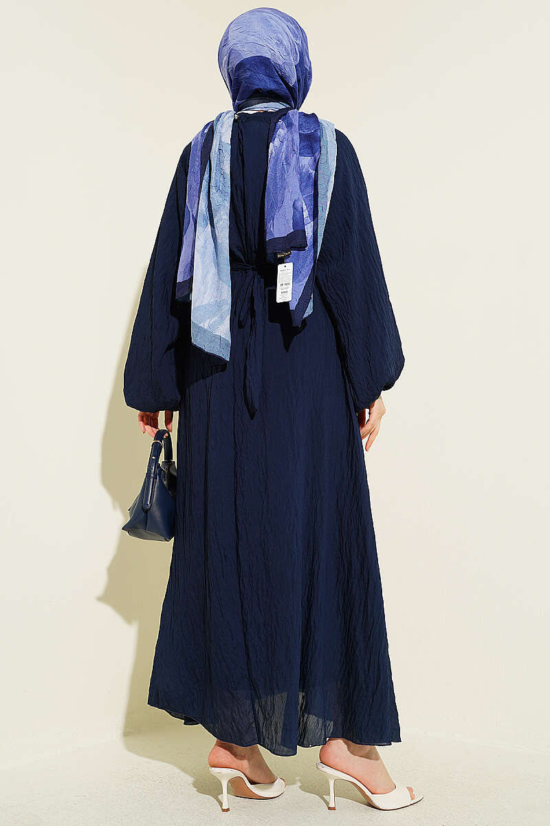 Belted Ruffle Dress with Elastic Waist - Navy