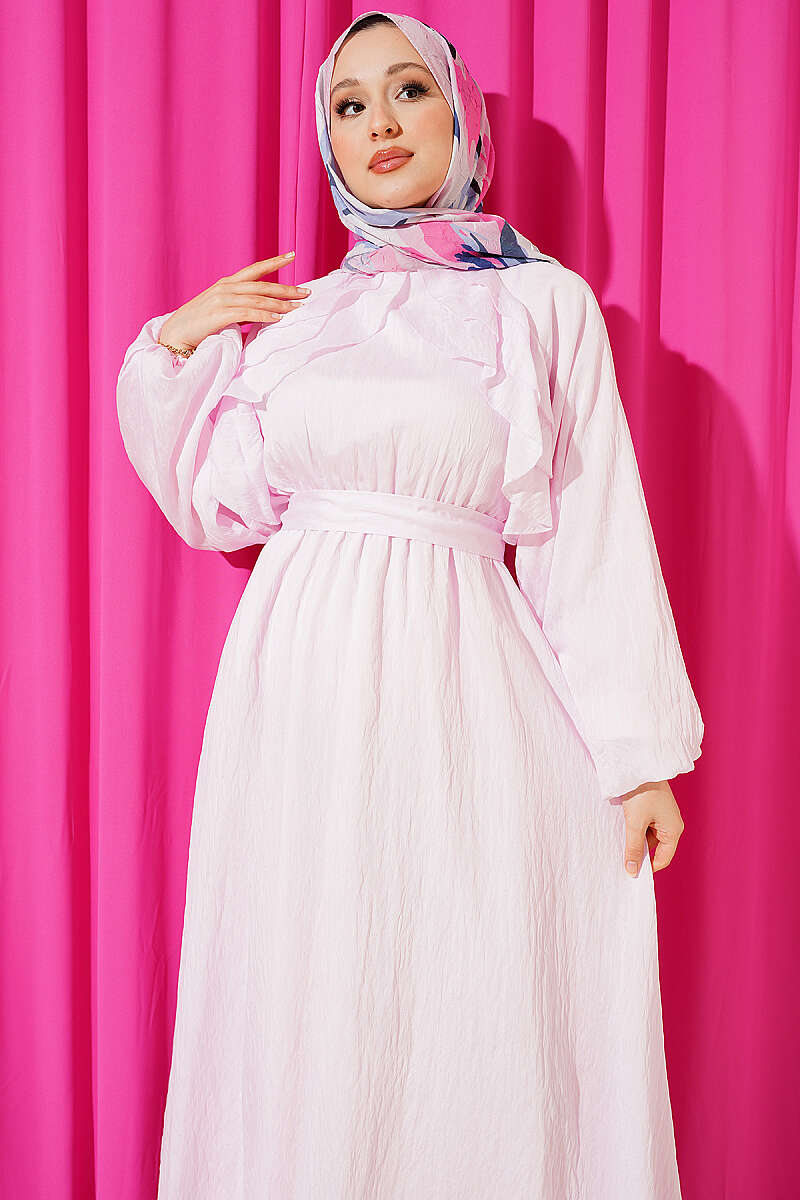 Belted Ruffle Dress with Elastic Waist - Pink