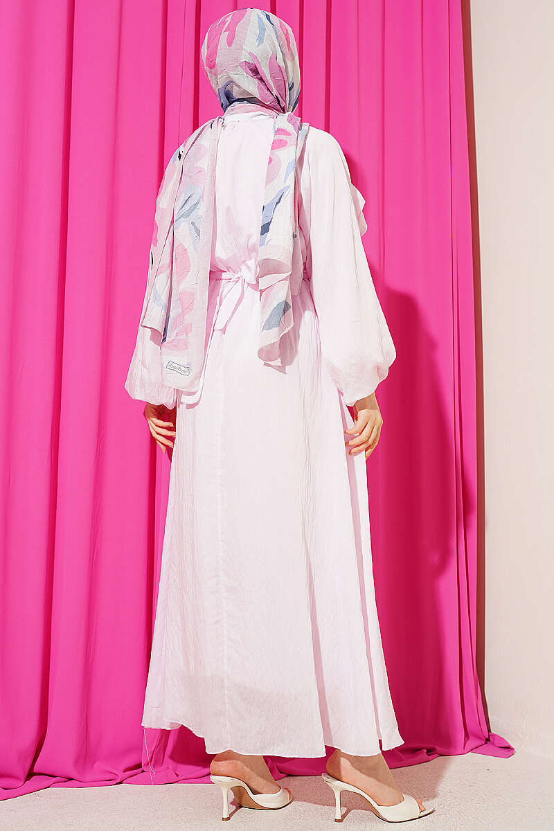 Belted Ruffle Dress with Elastic Waist - Pink