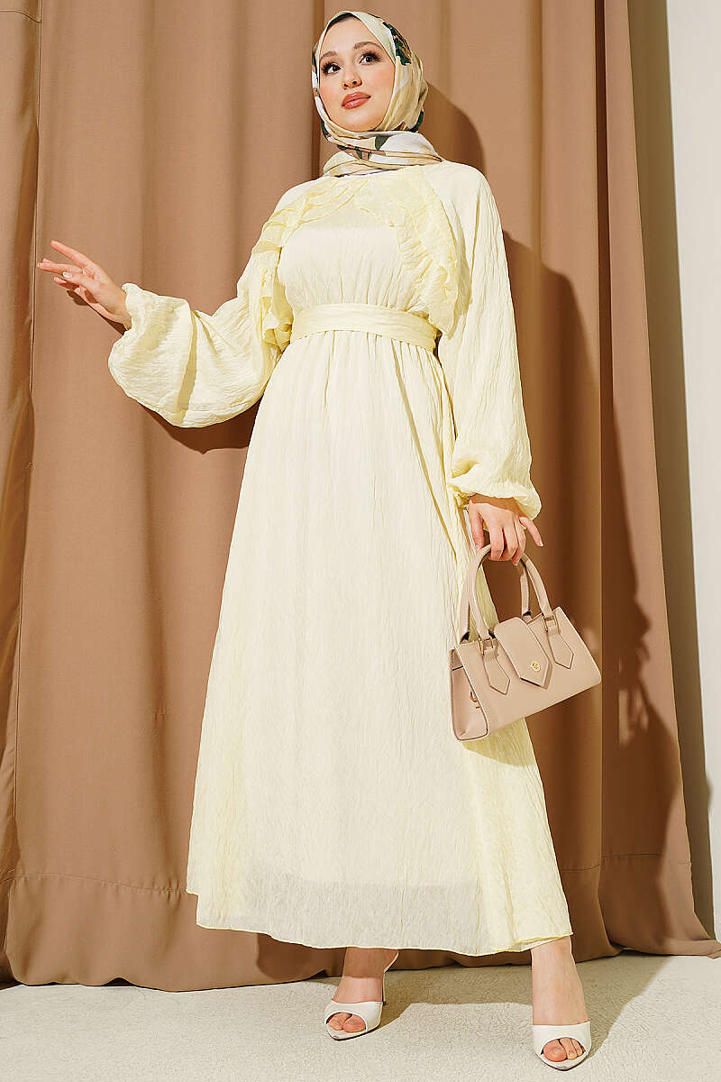 Belted Ruffle Dress with Elastic Waist - Yellow