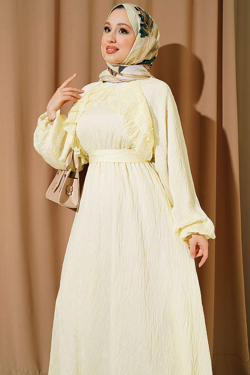 Belted Ruffle Dress with Elastic Waist - Yellow