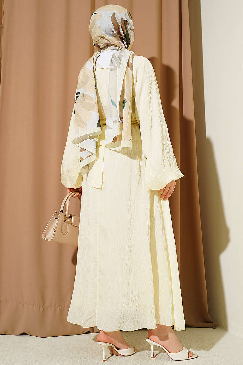 Belted Ruffle Dress with Elastic Waist - Yellow