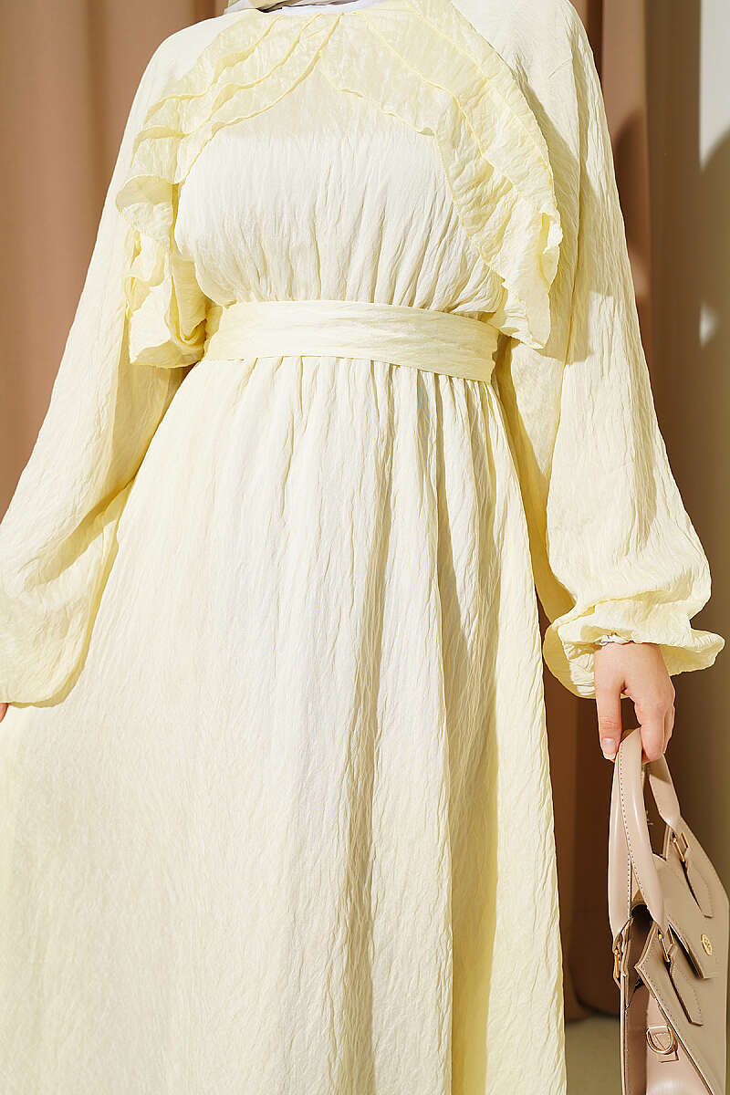 Belted Ruffle Dress with Elastic Waist - Yellow