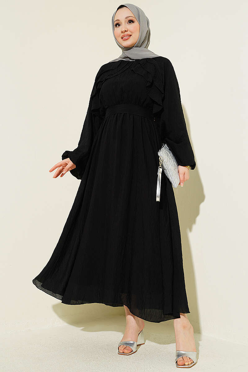 Belted Ruffle Dress with Elastic Waist - Black