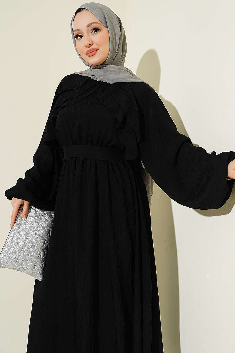 Belted Ruffle Dress with Elastic Waist - Black